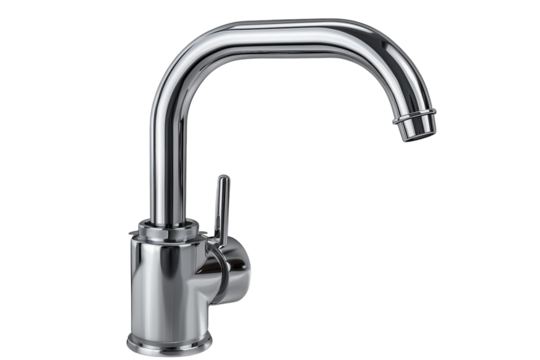 Modern chrome kitchen faucet with a sleek curved design on black on transparent background