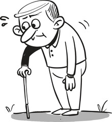 Obraz premium Cartoon illustration of a senior man with a walking cane, showing age and fragility Perfect for medical, healthcare, and elderly care concepts