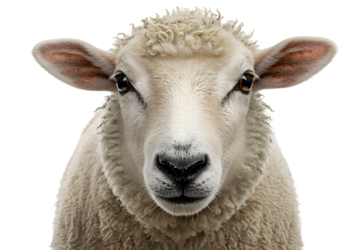 Close-Up Portrait: Domestic Sheep, Wool, Farm Animal Photography on white background