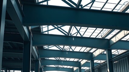Abstract industrial steel beams create striking patterns in natural construction lighting.