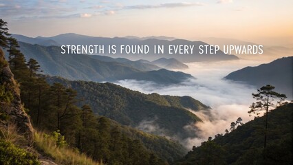 Breathtaking mountain landscape with inspirational quote on strength and perseverance
