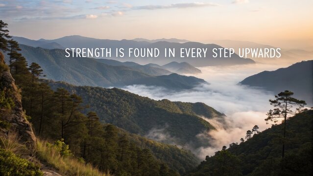 Breathtaking mountain landscape with inspirational quote on strength and perseverance