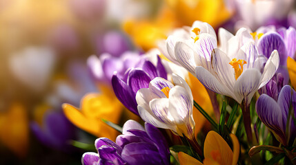 Beautiful blooming crocus flowers in vibrant purple, pink, and yellow colors with soft bokeh background and sunlight rays in spring garden