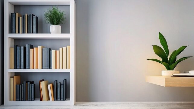 Minimalist white bookcase with neatly arranged books, green plants on top, wooden desk with lush foliage,succulent, soft gray wall background, cozy modern home office decor and stylish zoom background