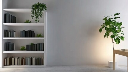 Minimalist white bookcase with neatly arranged books, green plants on top, wooden desk with lush foliage,succulent, soft gray wall background, cozy modern home office decor and stylish zoom background