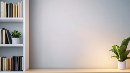 Minimalist white bookcase with neatly arranged books, green plants on top, wooden desk with lush foliage,succulent, soft gray wall background, cozy modern home office decor and stylish zoom background