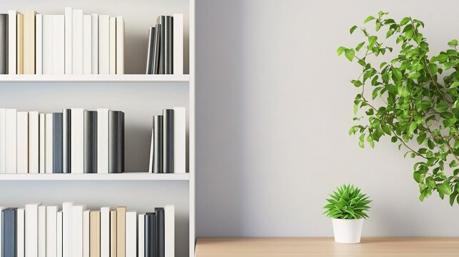 Minimalist white bookcase with neatly arranged books, green plants on top, wooden desk with lush foliage,succulent, soft gray wall background, cozy modern home office decor and stylish zoom background