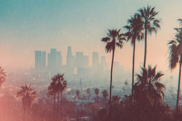 Palm trees frame a hazy Los Angeles skyline