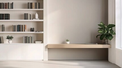Minimalist white bookcase with neatly arranged books, green plants on top, wooden desk with lush foliage,succulent, soft gray wall background, cozy modern home office decor and stylish zoom background