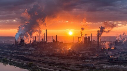 Fototapeta premium An aerial view reveals a sprawling industrial complex with smoke billowing into the sky at sunset, showcasing its expansive size and 4-giga standard capacity.