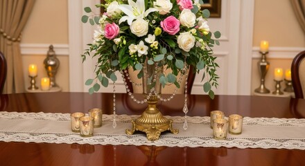 Elegant floral arrangement centerpiece with candles and lace table runner