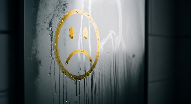 Sad face drawn on steamy window with water droplets