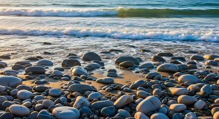 Rocky Beach Shoreline with Ocean Waves and Smooth Stones.