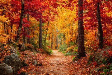 Obraz premium Autumnal forest path lined with vibrant fall foliage