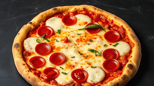 Pepperoni pizza with melted cheese on a dark slate, showcasing delicious comfort food.