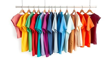 Colorful clothing arranged in a rainbow gradient on hangers, displaying vibrant fashion choices.
