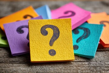 Colorful sticky notes with question marks, clustered on a wooden surface