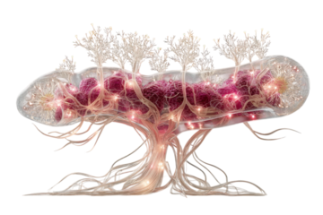 Abstract organic structure with glowing elements and tree like growths on transparent background