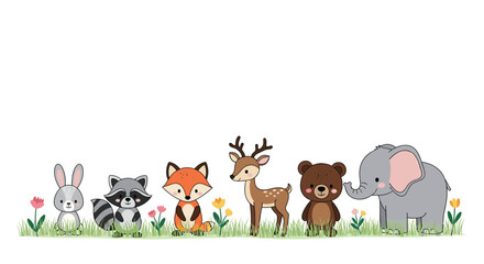 Adorable cartoon animals in a meadow create a charming whimsical scene perfect for children's books and designs