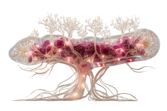 Abstract organic structure with glowing elements and tree like growths on transparent background