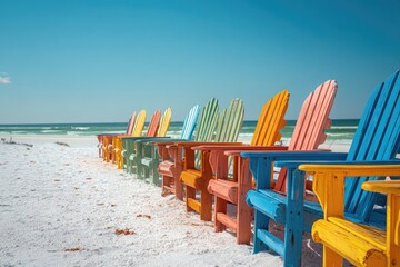 Colorful beach chairs lined up on white sand