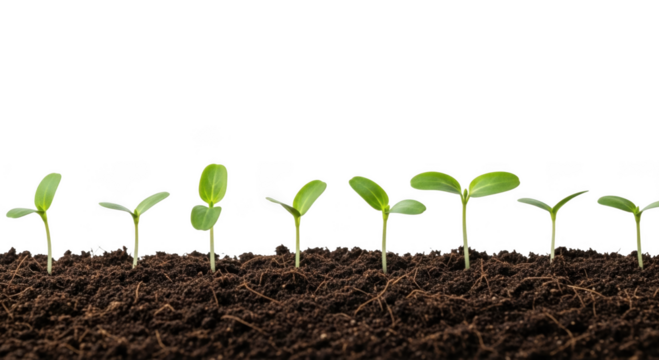 Sprouting seeds row plant growth studio shot close up isolated on transparent background