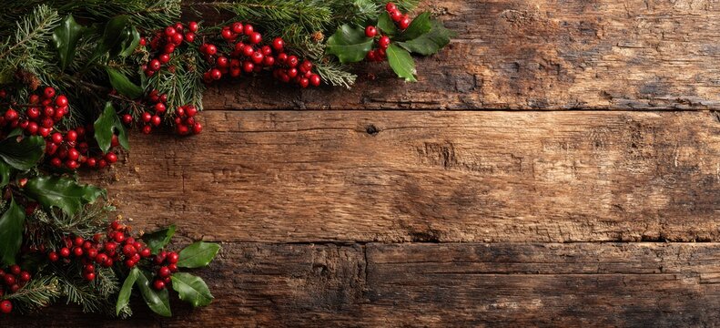 Christmas-themed image with greenery and red berries on rustic wood