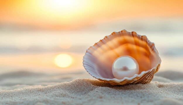 Open seashell with large white pearl inside on sandy beach at sunset
