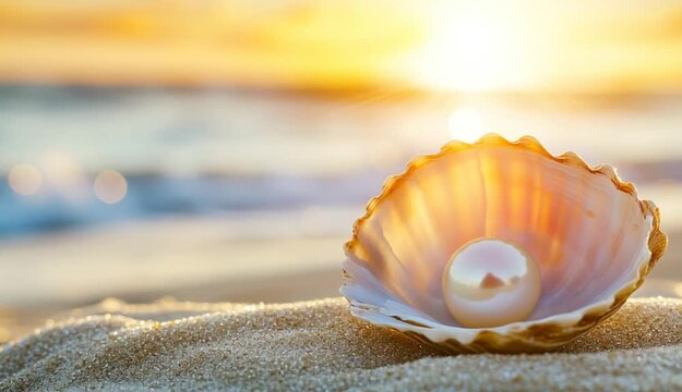 Open seashell with large white pearl inside on sandy beach at sunset