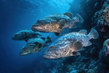 Underwater Scene Featuring Multiple Fish Swimming Near Coral Reef in Clear Ocean Water