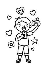 Kid Content Creator Coloring Page. Cute Cartoon Influencer Making a Video for Kids
