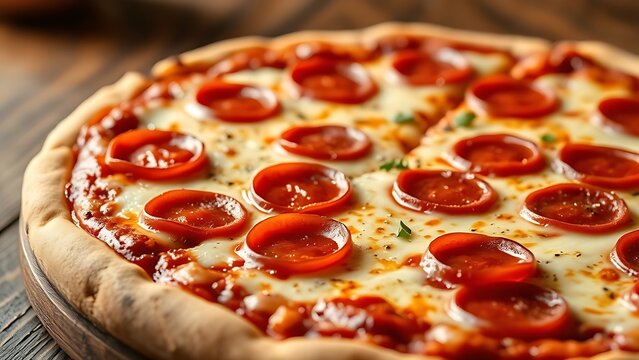 Close-up view of a pepperoni pizza with melted cheese on a rustic wooden table, evoking warmth.