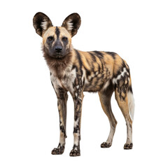 A stunning African wild dog stands elegantly isolated on a pure white background.