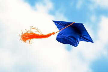 Graduation Cap Tossing in the Air Against a Bright Blue Sky