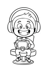 Cute Kid Gamer Coloring Page. Cartoon Child Playing Video Games with Controller