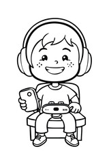 Cute Kid Gamer Coloring Page. Cartoon Child Playing Video Games with Controller