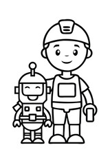 Young Robot Engineer Coloring Page. Cute Cartoon Kid with a Friendly Robot