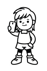 Kid Fashion Influencer Coloring Page. Cute Cartoon Child Posing for a Selfie