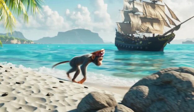 A funny monkey wearing a pirate hat with a skull and crossbones emblem, perched confidently on an old, weathered treasure chest
