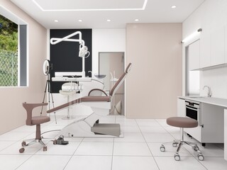 Modern dental clinic interior with ergonomic chairs, advanced dental equipment, bright lighting, and clean minimal design creating a professional and welcoming atmosphere