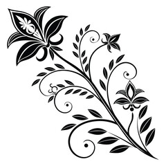 Elegant floral ornament design with decorative swirl pattern featuring abstract flowers and leaves in black and white perfect for tattoo design wall art textile print and t shirt decoration.