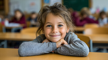 Obraz premium Smiling girl at desk with classmates blurred behind in a classroom