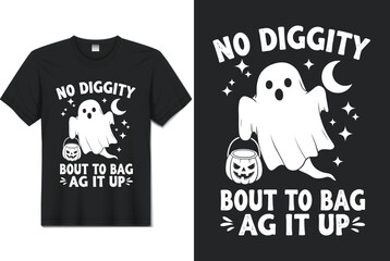 Cute Halloween ghost carrying a pumpkin candy bucket under a crescent moon and stars, funny trick-or-treat t‑shirt vector illustration.

