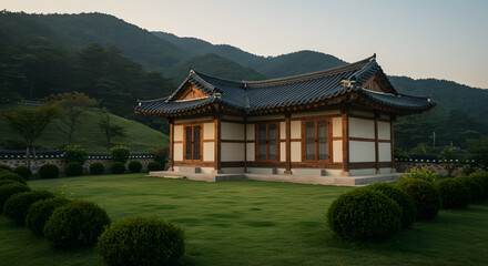 Obraz premium 자연을 담은 한옥집. 산 중턱에 자리한 아름다운 한옥집.