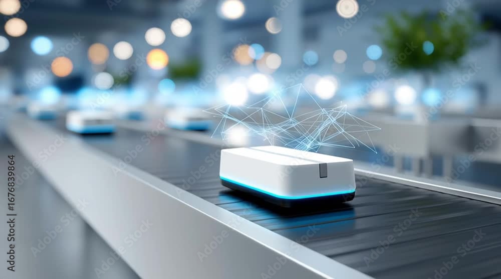 Poster automated delivery robots glide along a sleek conveyor belt, showcasing advanced technology and seam