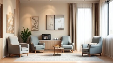 Fototapeta premium Modern living room with beige sofa and framed art, minimalist decor, natural morning light