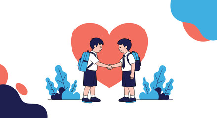 Young students making friends, shaking hands in front of a large heart, symbolizing unity and kindness.