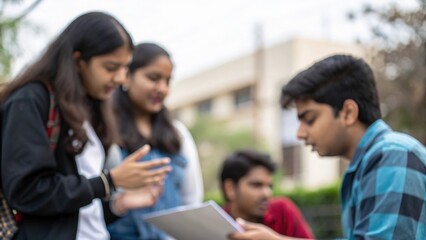 Fototapeta premium Indian student group presenting project — teamwork and communication skills highlighted
