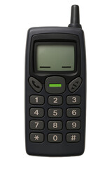Old-fashioned mobile phone with keypad and antenna.