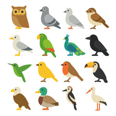 Naklejka premium Assortment of Avian Wonders: A meticulously curated illustration presenting a vibrant collection of diverse bird species, each uniquely rendered in a charming, simple design.